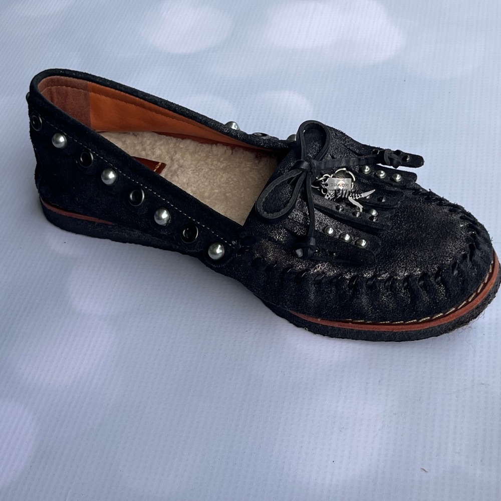 COACH Rexy Roccasin Glitter Pearl Leather Shearling Western Moccasin Loafers 8 - Picture 3 of 11